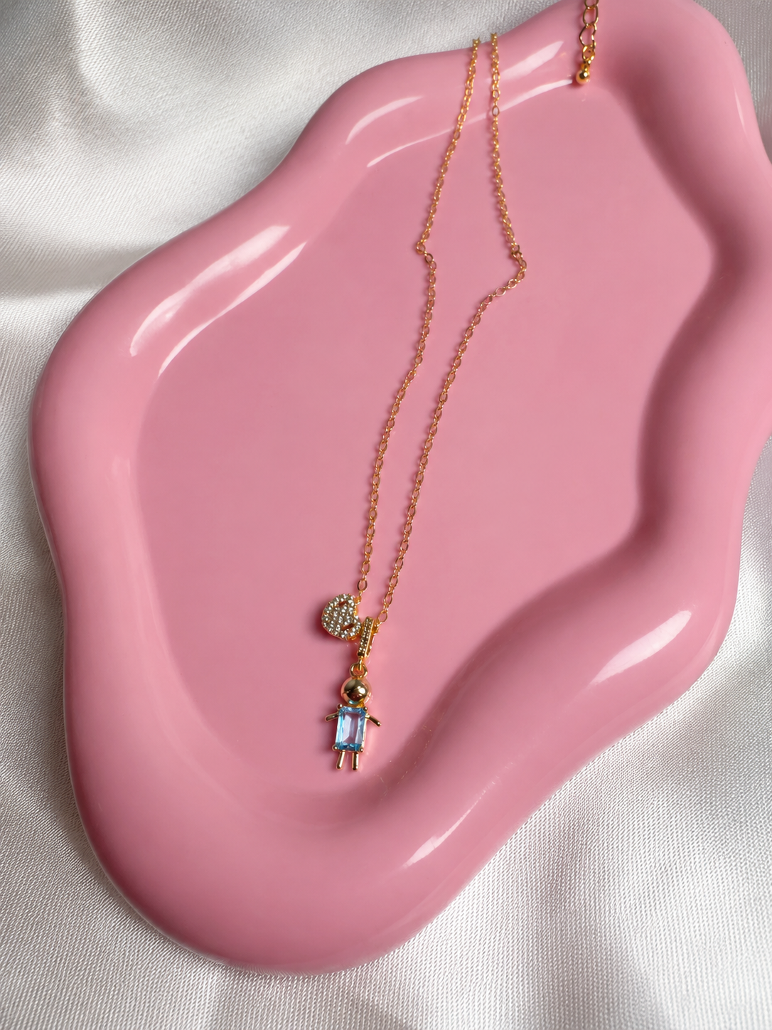 Mini Son Necklace — Blue Zircon & Pavé Heart