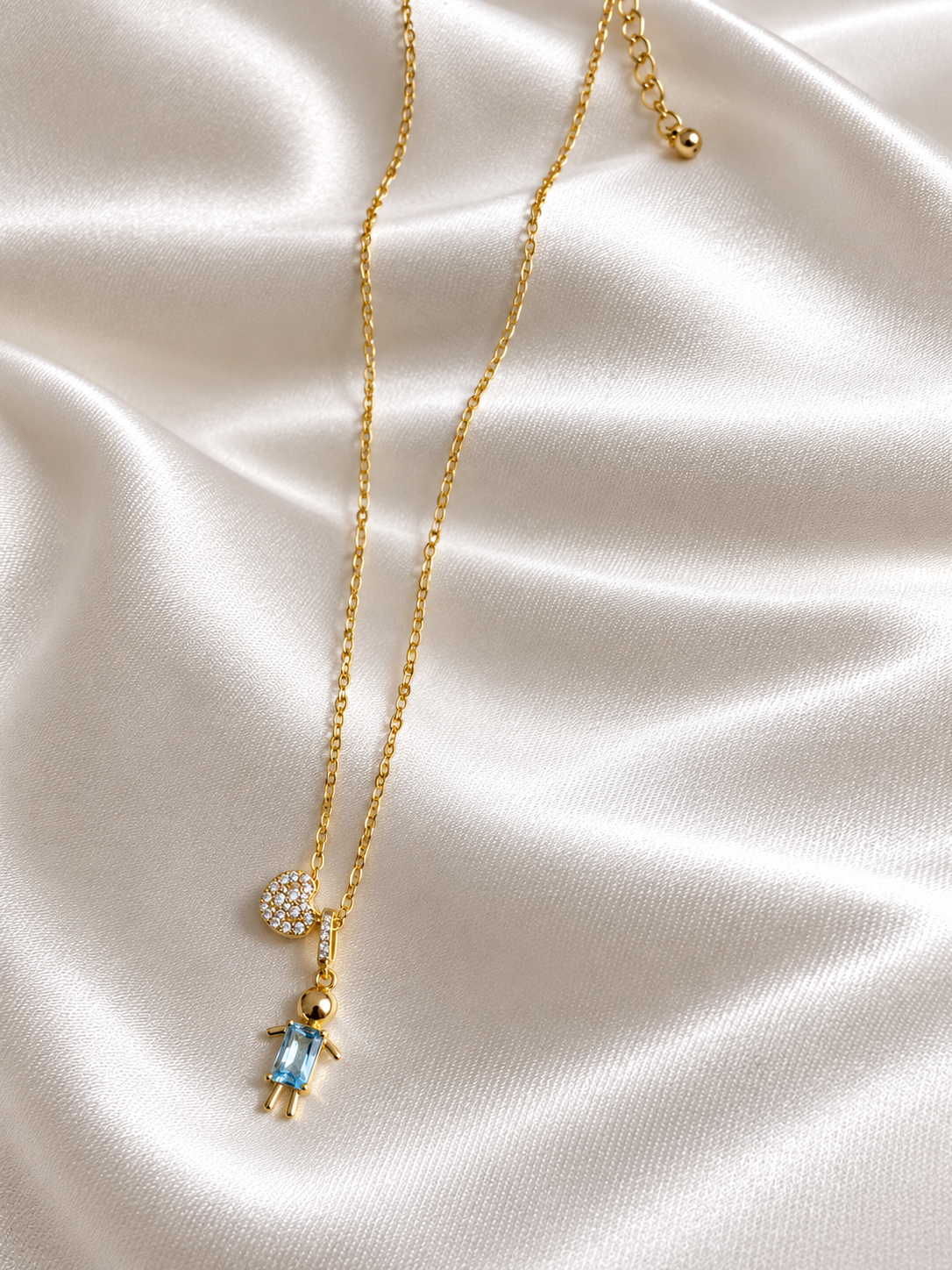 Mini Son Necklace — Blue Zircon & Pavé Heart