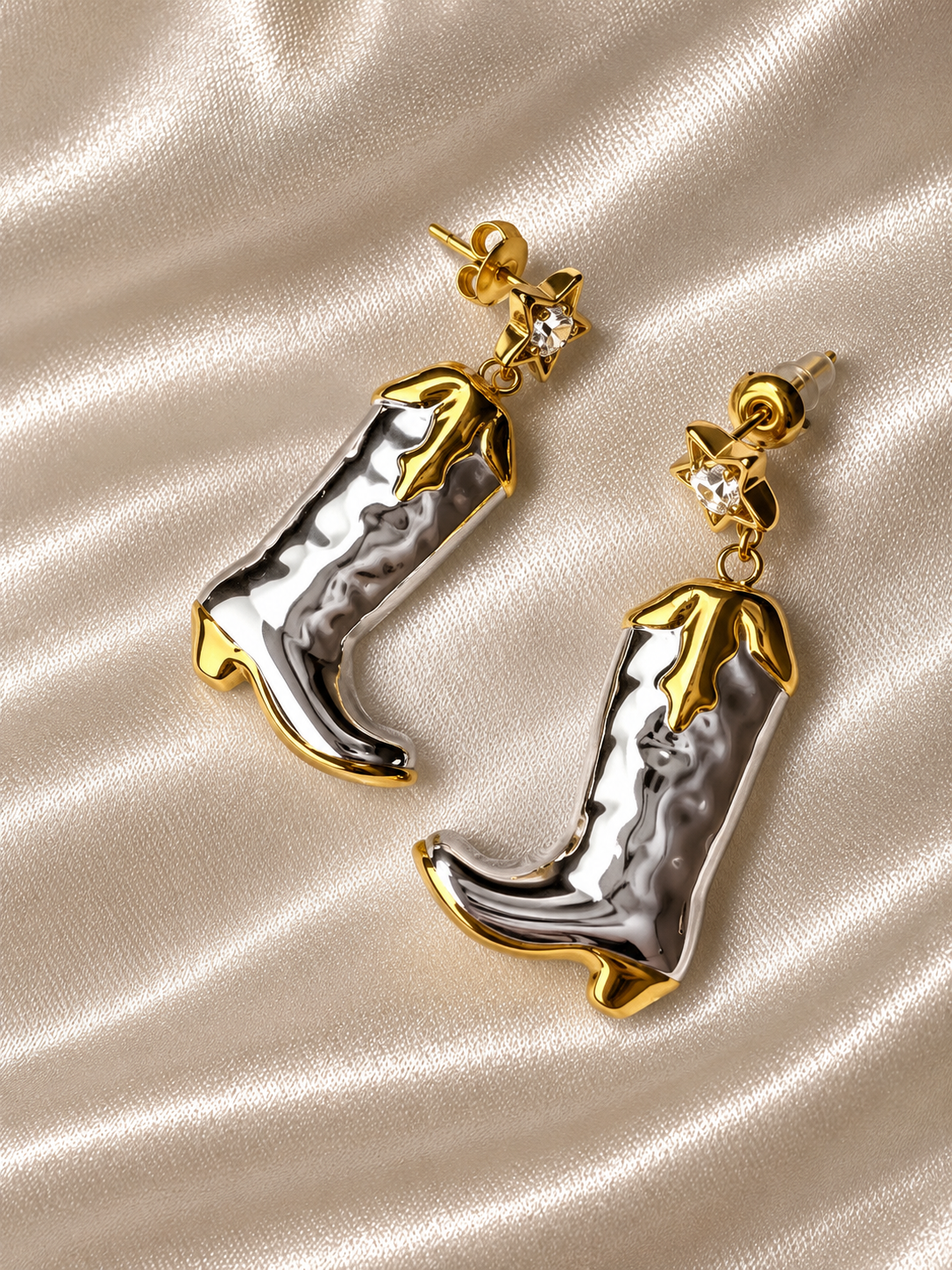 18K Gold PVD Plated Two-Tone Western Cowboy Boot Earrings