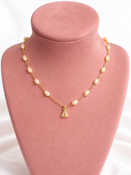 18K Gold-Plated Pearl Choker with Crystal-Embellished Our Lady Pendant