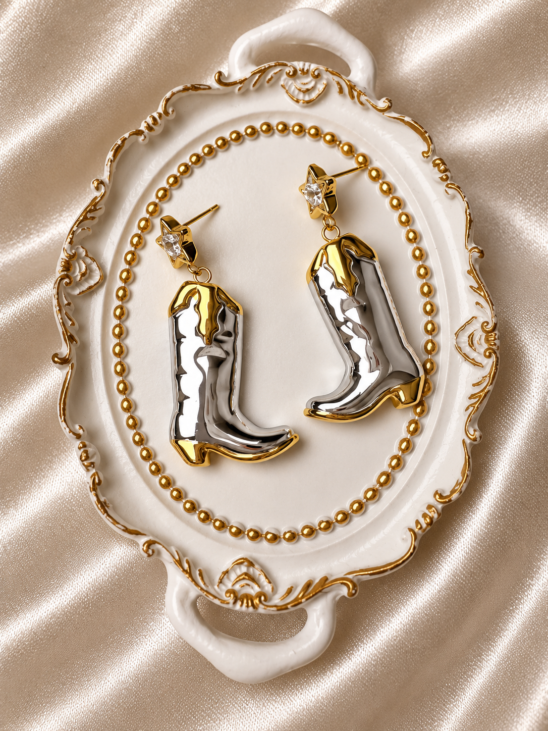 18K Gold PVD Plated Two-Tone Western Cowboy Boot Earrings