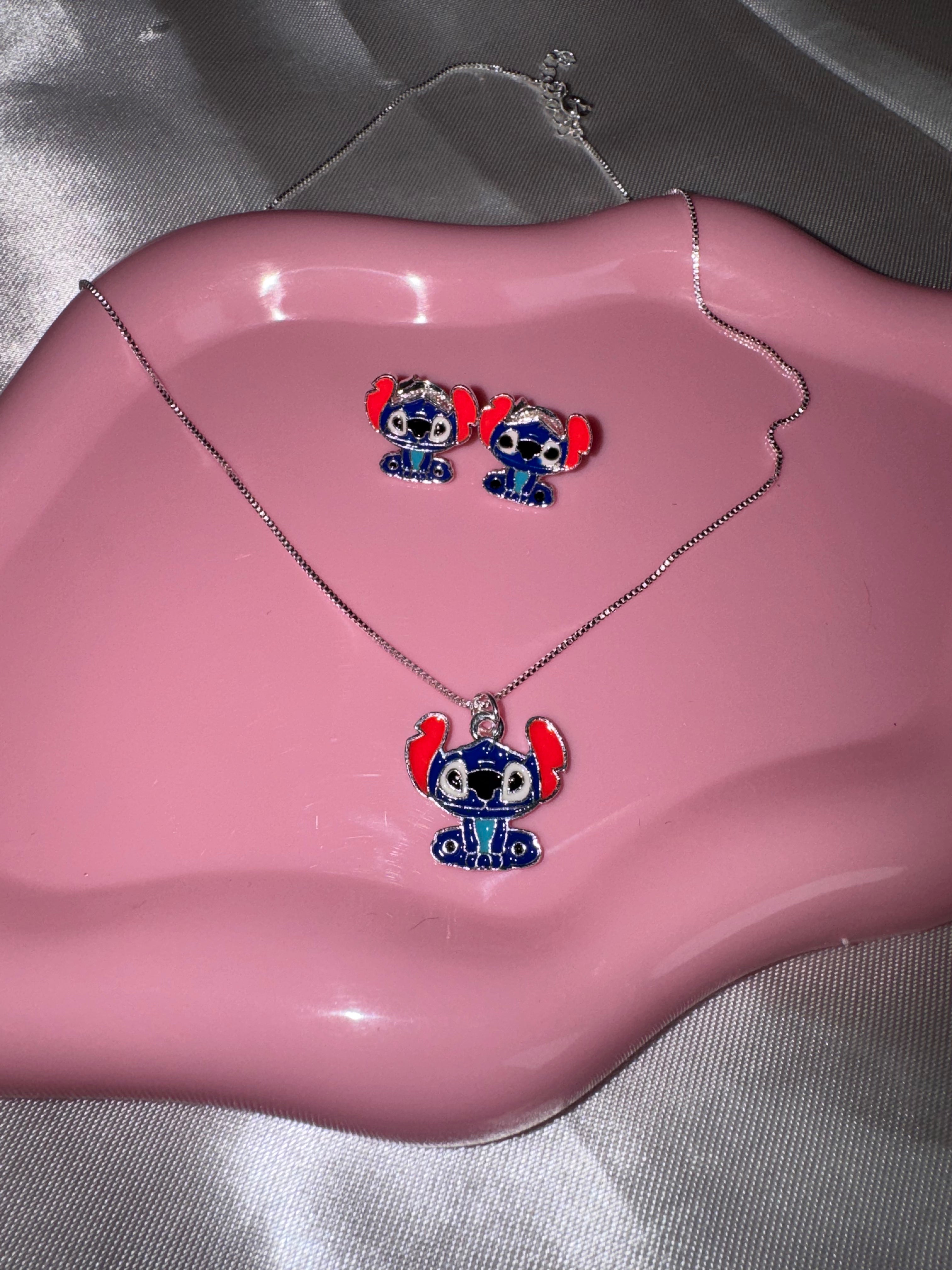 Stitch Jewelry Set – Silver Plated Necklace & Stud Earrings