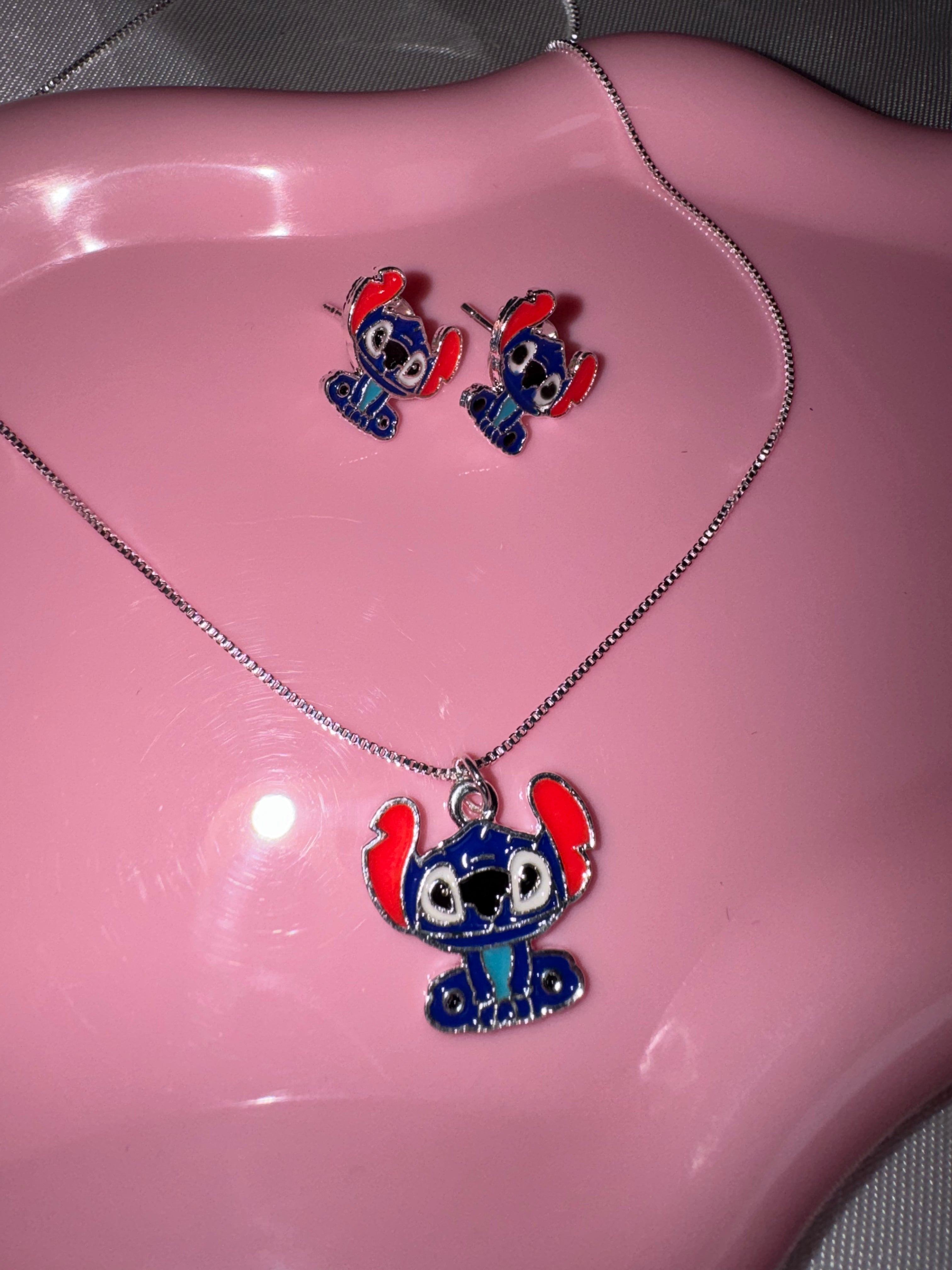 Stitch Jewelry Set – Silver Plated Necklace & Stud Earrings