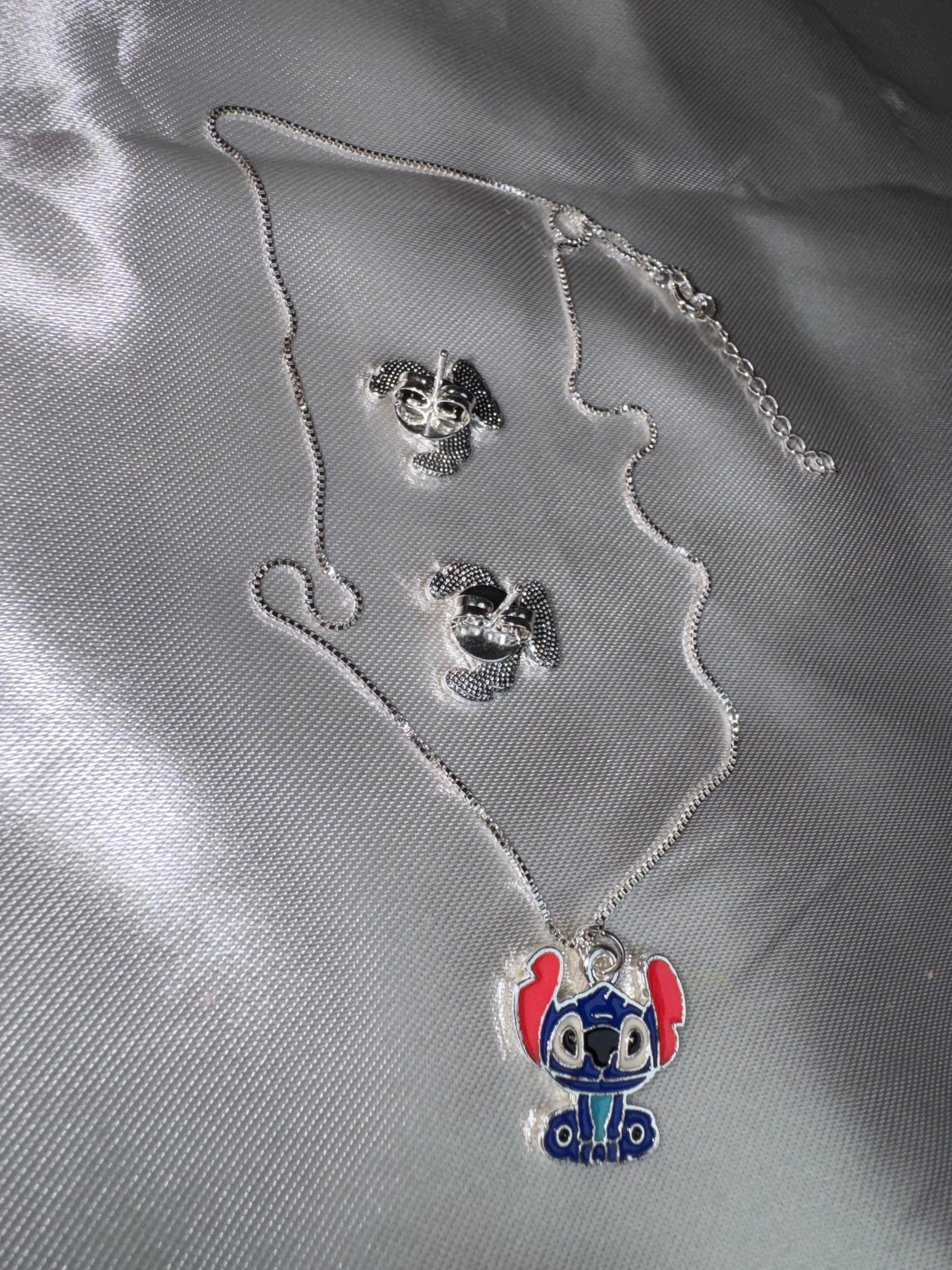 Stitch Jewelry Set – Silver Plated Necklace & Stud Earrings