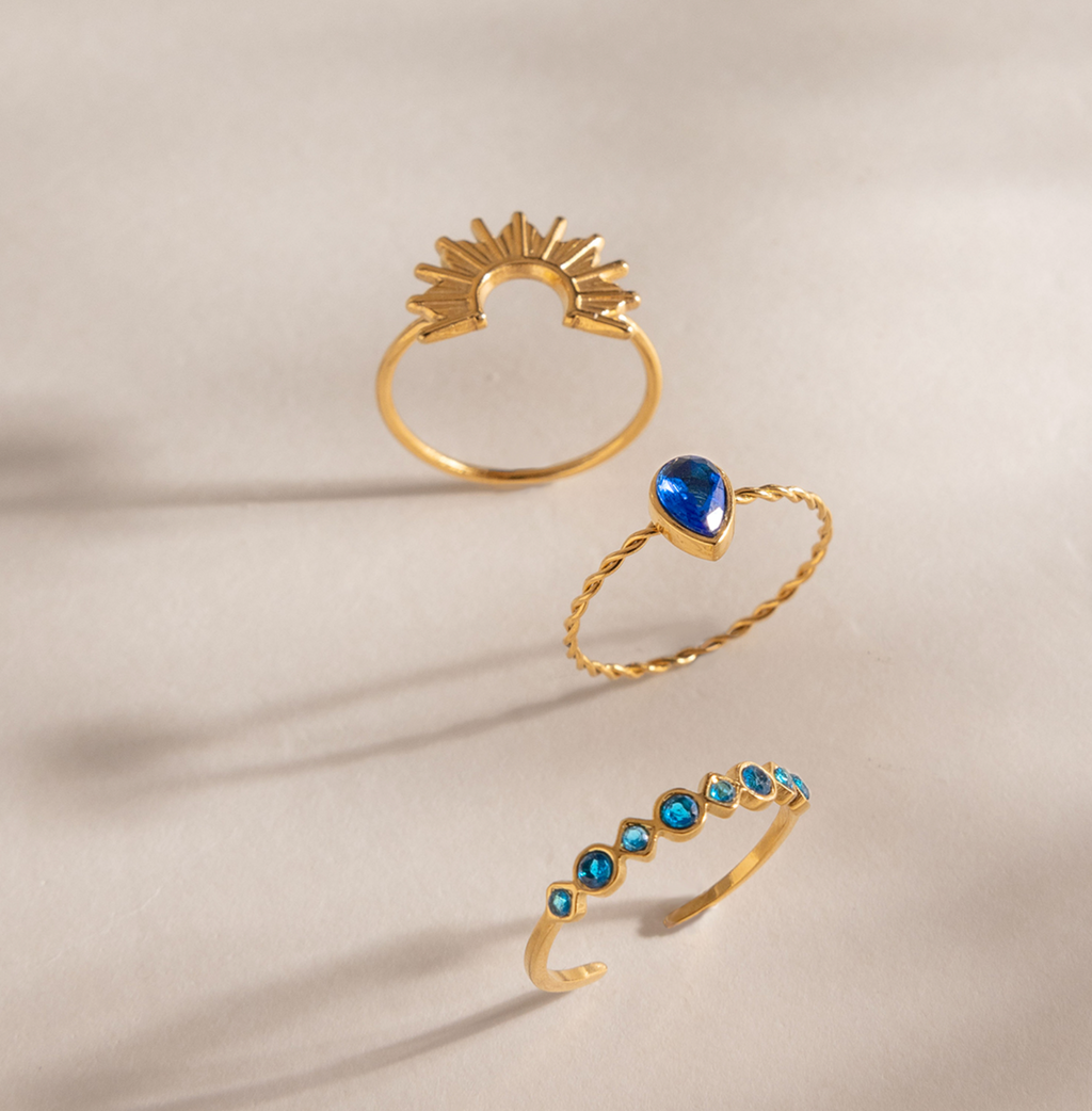 18K Gold Plated Sunburst Blue Zircon 3-Piece Ring Set