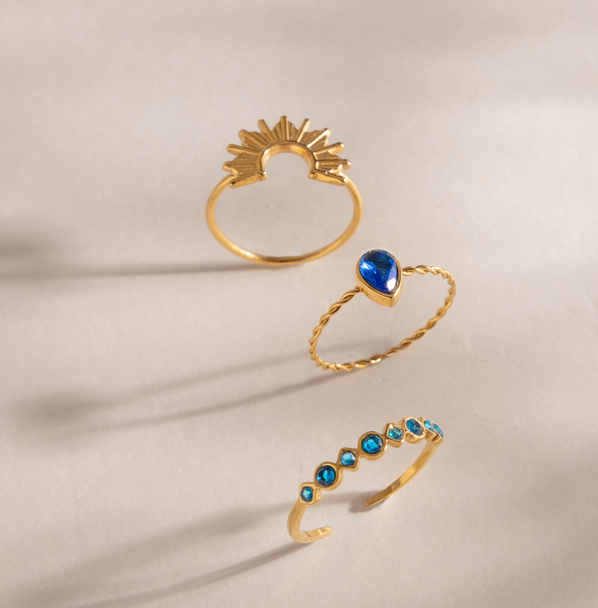 18K Gold Plated Sunburst Blue Zircon 3-Piece Ring Set