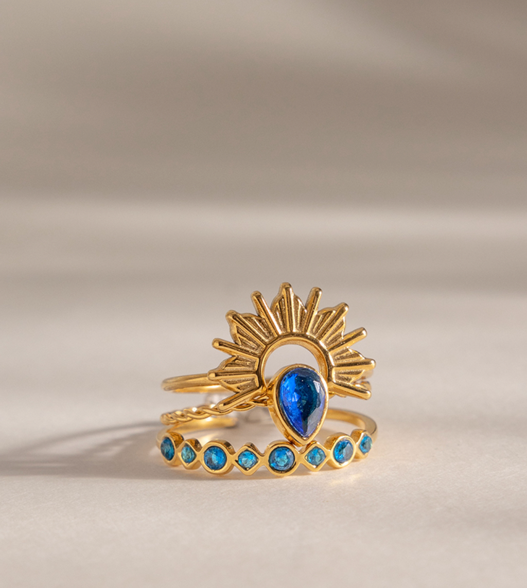 18K Gold Plated Sunburst Blue Zircon 3-Piece Ring Set