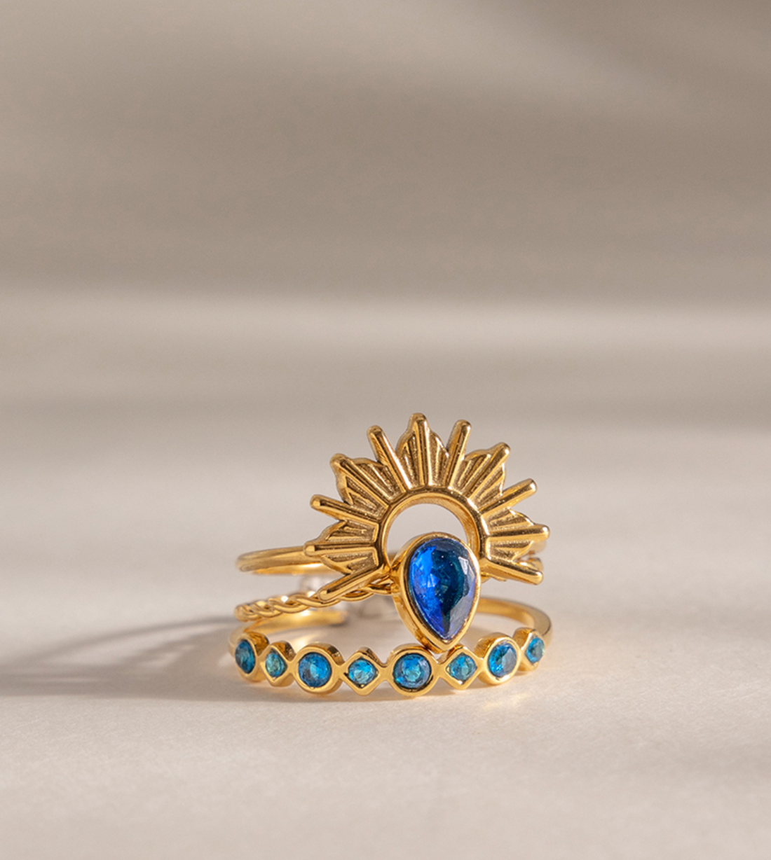 18K Gold Plated Sunburst Blue Zircon 3-Piece Ring Set