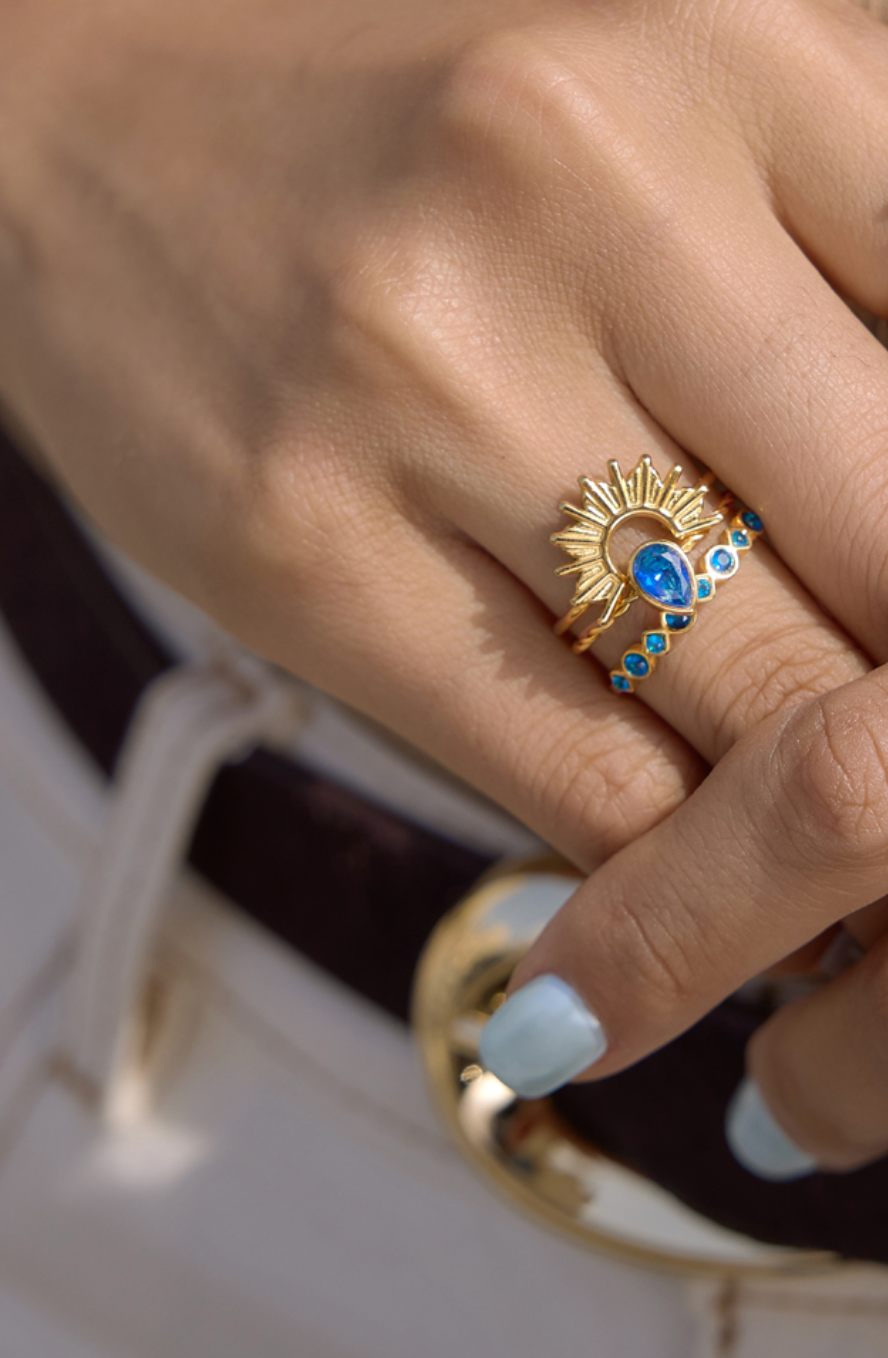 18K Gold Plated Sunburst Blue Zircon 3-Piece Ring Set