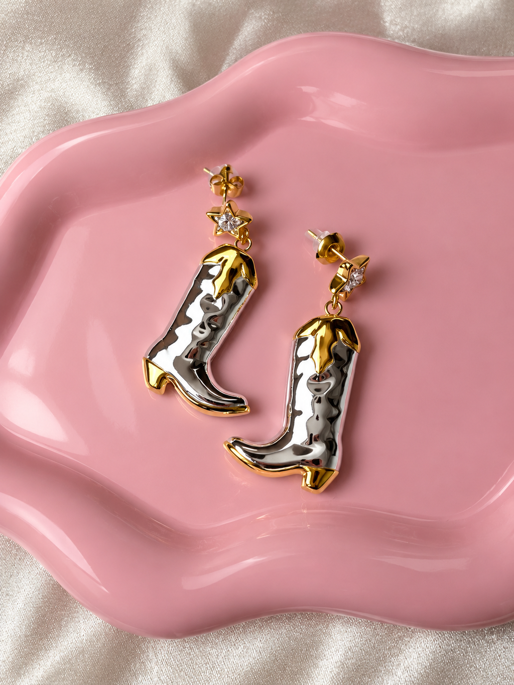 18K Gold PVD Plated Two-Tone Western Cowboy Boot Earrings