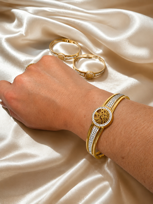 18K Gold Plated Tree of Life Zircon Bangle Bracelet