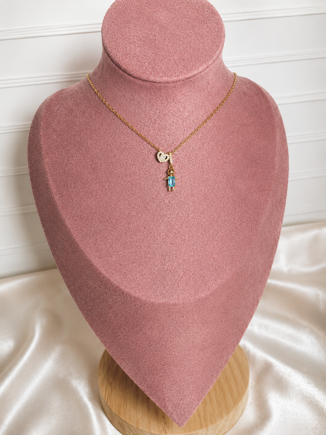 Mini Son Necklace — Blue Zircon & Pavé Heart