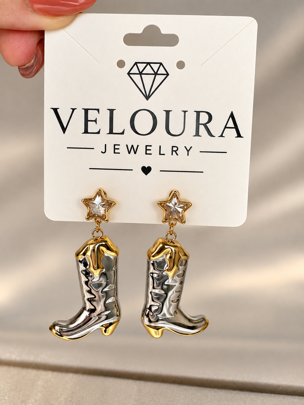 18K Gold PVD Plated Two-Tone Western Cowboy Boot Earrings